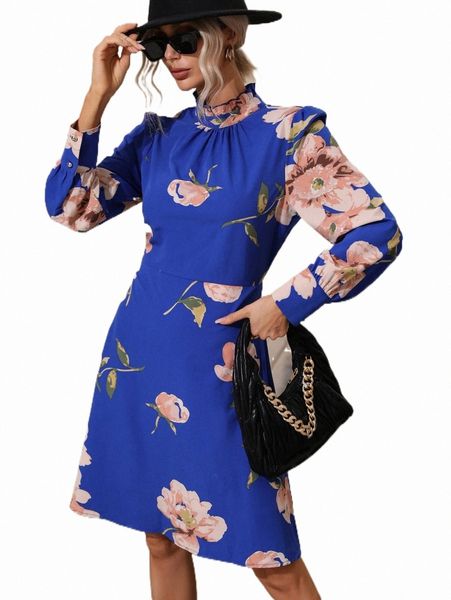 

casual dresses floral print frill neck puff sleeve dress j3ce#, Black;gray