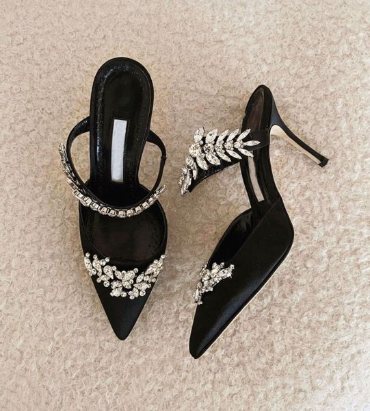 

elegant brand lurum sandals shoes women satin crystal embellished mules strap stiletto high heels lady slip on casual slippers eu35-42, Black