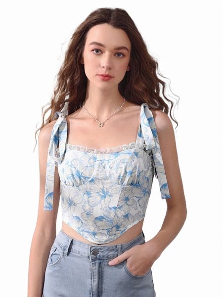 

women's tanks & camis mod floral print tie shoulder lace trim cami 830b#, White