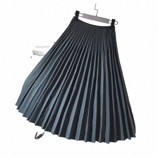 

skirts skirts 2022 winter sweet solid color empire pleated women skirt cute high waist mid-calf kawaii office lady casual long i51s#, Black