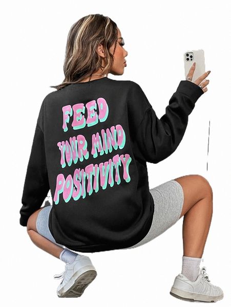 

women's hoodies & sweatshirts slogan graphic drop shoulder sweatshirt 51g0#, Black