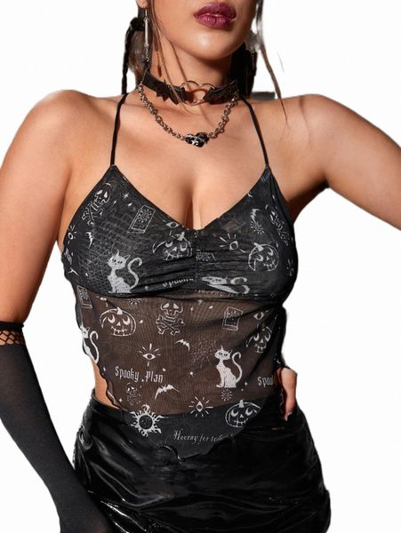 

women's tanks & camis halloween print lace up back mesh cami z33u#, White