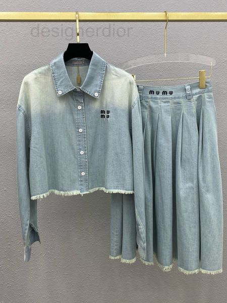 

women's tracksuits designer embroidered letter gradient thin denim long sleeve shirt high waist pleated half length skirt fashion suit, Gray