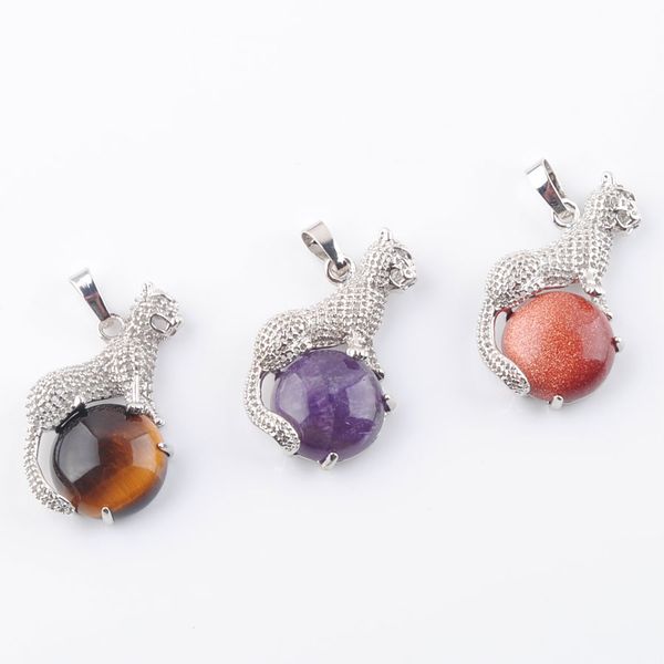 

new fashion animal leopard amulet pendants for necklace women jewelry party gift natural stone round bead lapis opal bn373, Silver