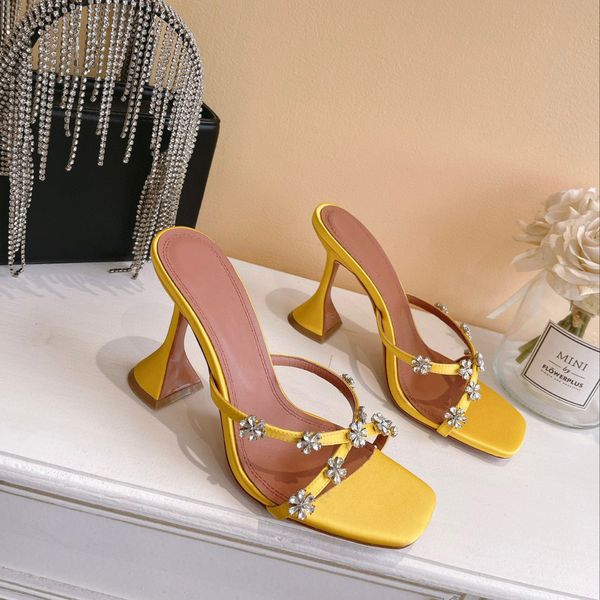

lily amina muaddi flower crystal embellished strap slippers mules evening shoes rhinestone satin for women heels luxury designer heeled, Black