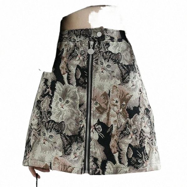 

skirts skirts elegant vintage ladies cat printed mini a-line women embroidery pencil high waist skirt mujer zipper o1sc#, Black