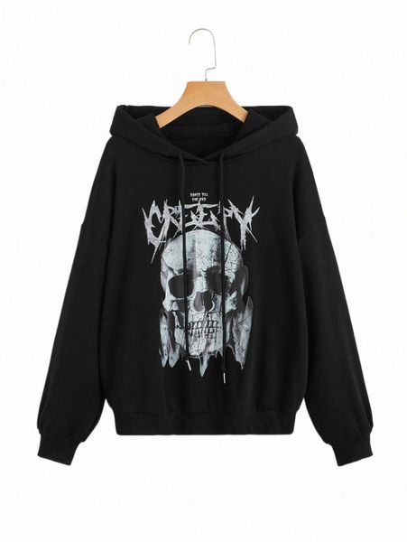 

women's hoodies & sweatshirts skull & letter graphic drawstring hoodie z10m#, Black
