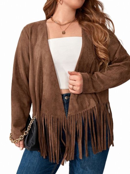 

plus size outerwear & coats plus fringe hem open front coat 64ih#, Black