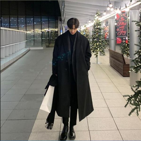 

men's wool & blends korean trend men loose casual single-breasted overcoat autumn winter fashion new long sleeve woolen long coat, Black