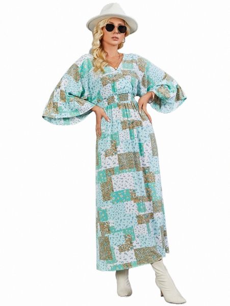 

casual dresses patchwork print flounce sleeve dress t4yn#, Black;gray