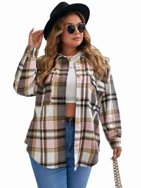 

plus size outerwear & coats plus plaid flap pocket coat 922w#, Black