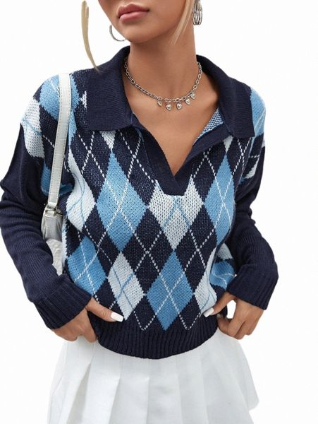 

women's sweaters argyle pattern drop shoulder sweater b0mc#, White;black