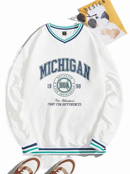 

men's hoodies & sweatshirts men letter graphic striped trim pullover f71f#, Black