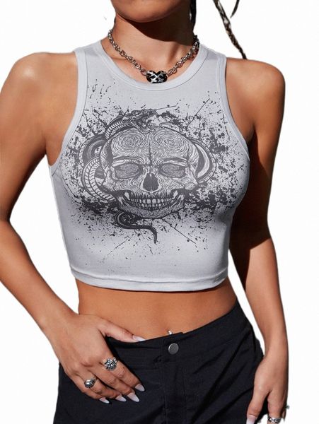 

women's tanks & camis skull and snake print crop tank 22je#, White