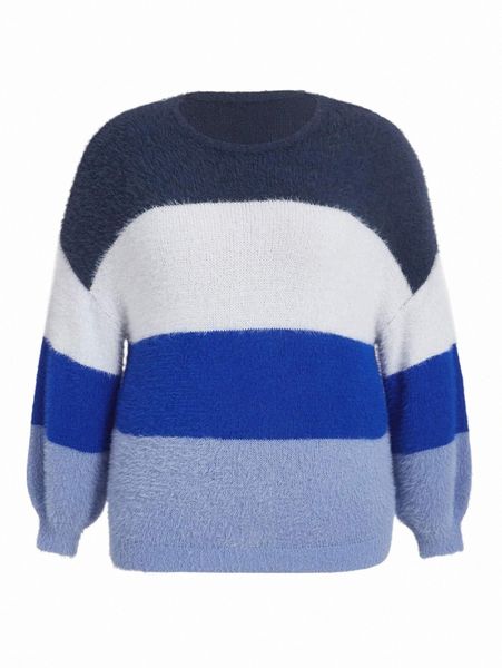 

plus size t-shirt plus color block fluffy knit drop shoulder sweater 70ai#, Black