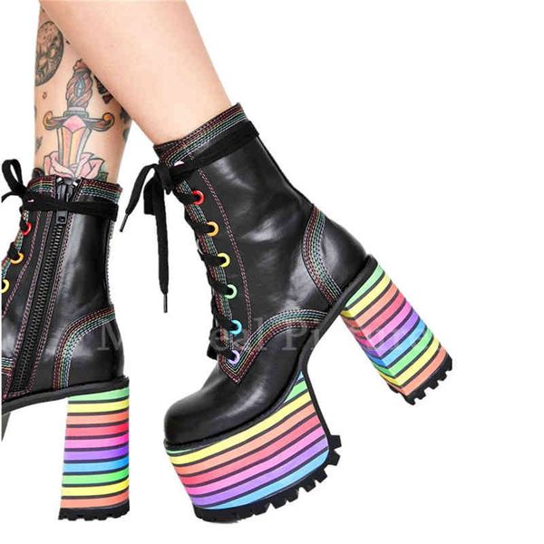 

boots mstapchi fashion women mid calf raw heel lace up round nose platform anti slip shoes high botas mujer 2022 220901, Black