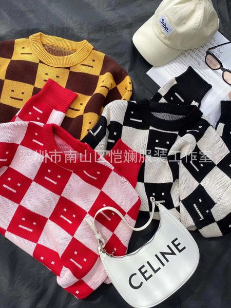 

women's sweaters designer nordic style ac22 autumn and winter new products chessboard pattern smiling face cute round neck knitted swea, White;black
