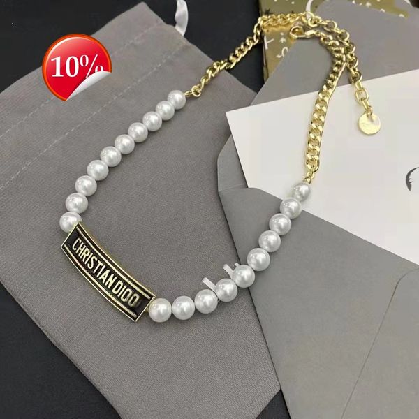 

luxury design women's necklace d family new minority letter square brand pearl clavicle chain feminine temperament white same as baby, Silver