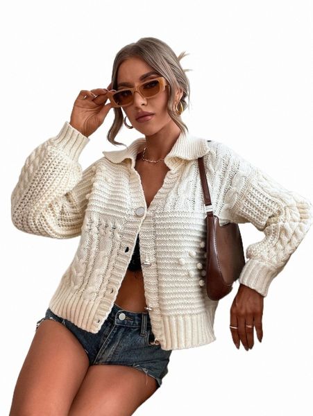

women's sweaters drop shoulder cable & popcorn knit cardigan v8c8#, White;black
