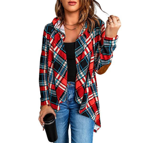 

2022 fall blouses new plaid print cardigan hooded casual long sleeve shirt women, White