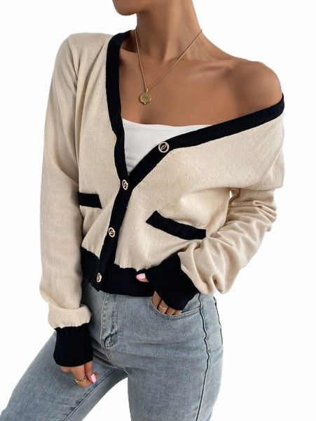 

women's sweaters contrast trim button front cardigan l1u2#, White;black