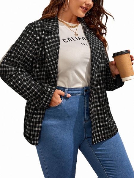 

plus size outerwear & coats plus plaid single breasted blazer s7v7#, Black