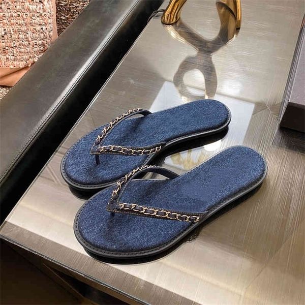 

slippers shoes women summer genuine leather slides metal decoration chain outside flat beach slippers denim flip flops shoes 75% off outlet, Black