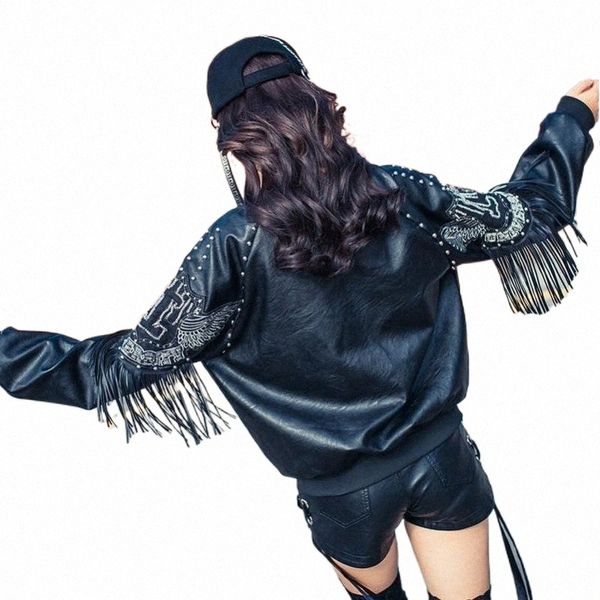 

women's leather & faux leather women's leather & faux 2022 fashion women rivet tassel embroidery pu jacket loose baseball uniform, Black