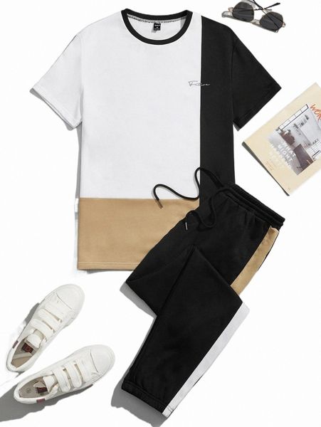 

men's tracksuits men letter graphic colorblock tee & sweatpants d1uy#, Gray