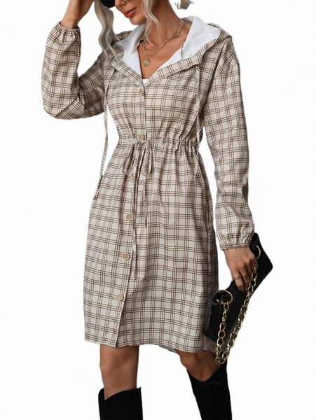 

women's down & parkas plaid print drawstring hooded coat k00w#, Black