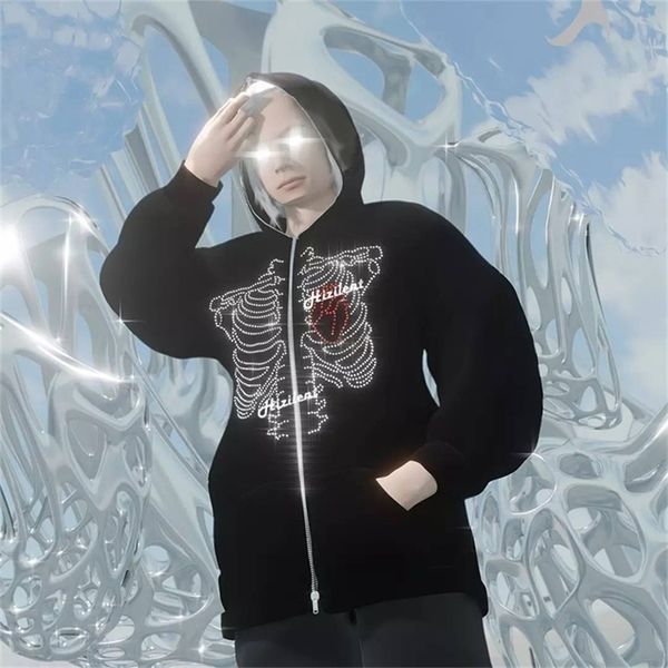 

men's hoodies sweatshirts skeleton print women long sleeve sweatshirt hoodis zipper loose oversized cute streetwear casual autumn winte, Black
