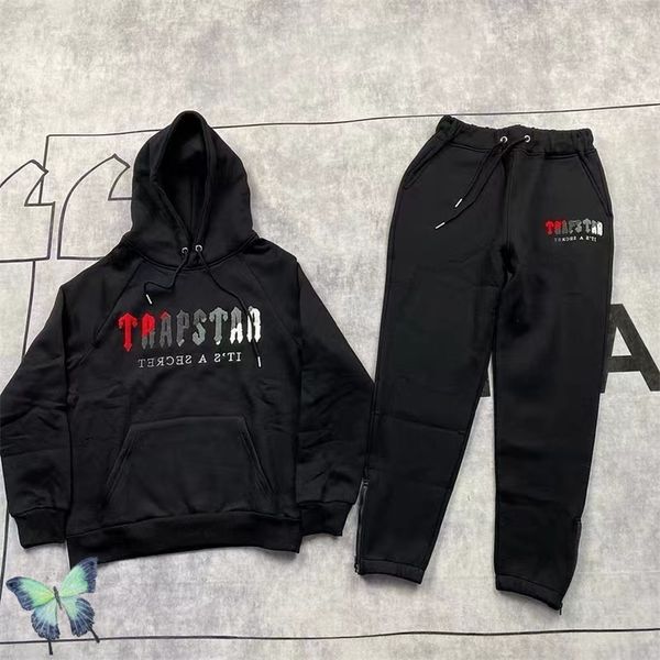 

men's hoodies sweatshirts men women trapstar fleece hoodie sweatshirts set colorful flocking 220905, Black