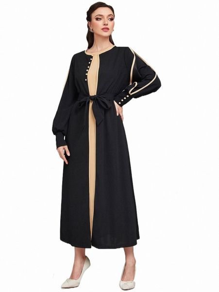 

casual dresses contrast binding belted abaya coat & dress set u4lg#, Black;gray