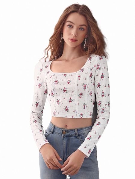 

women's t-shirt mod floral print scoop neck tee i5kk#, White
