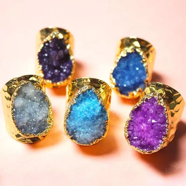 

irregular natural crystal adjustable ring gold plated wide flower rings for women girl party club decor fashion jewelry, Silver