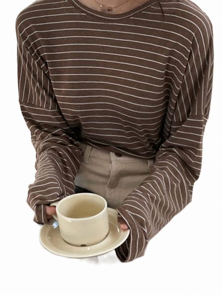 

women's t-shirt dazy striped drop shoulder tee a6v1#, White