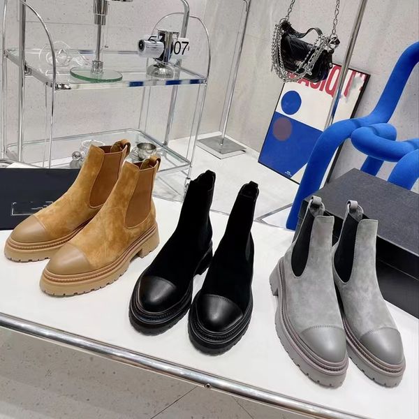 

2022chelsea boots thick soled leather overshoot combat color contrast low heel martin ankle luxury designer knight boots, Black