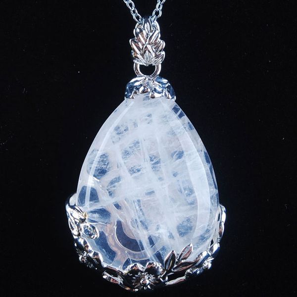 

natural gem stone pendant teardrop white crystal love beads reiki chakra healing pendant & necklace chain jewelry n3464, Silver