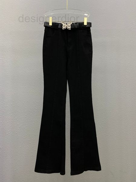 

women's jeans designer 22 autumn new niche design slit bell bottoms high elasticity and thin butterfly belt waist black trousers female, Blue
