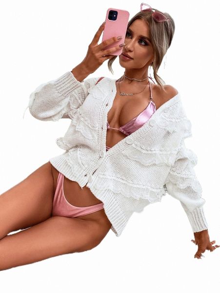 

women's sweaters contrast lace ruffle trim cardigan b2qi#, White;black