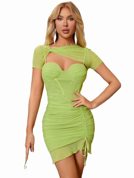

casual dresses parthea 2 in 1 twist front drawstring hem cut out mesh dress g0pb#, Black;gray