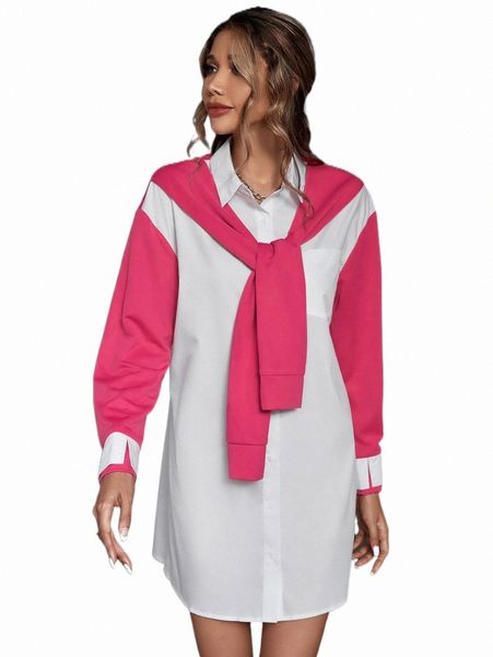 

casual dresses colorblock 2 in 1 tie front shirt dress y7pi#, Black;gray