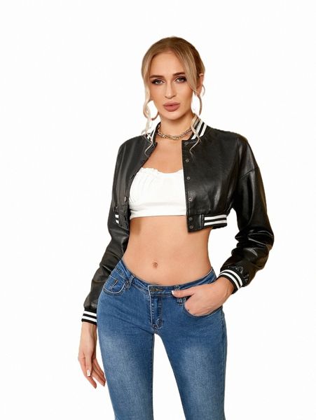 

women's jackets d&m striped trim pu leather crop bomber jacket v3ot#, Black;brown