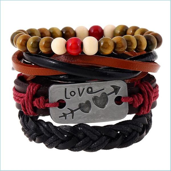 

beaded strands 4pcs/set retro leather bracelets for women and men an arrow through a heart beads mtilayer set charm coupl bdejewelry dh67y, Black