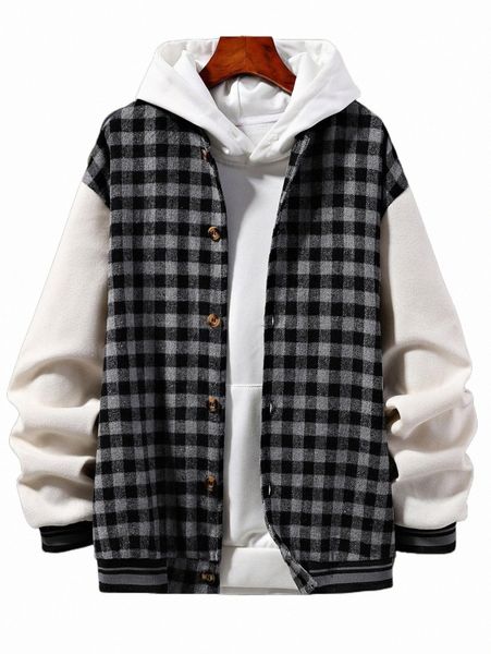

men's jackets men gingham drop shoulder jacket without hoodie i43y#, Black;brown