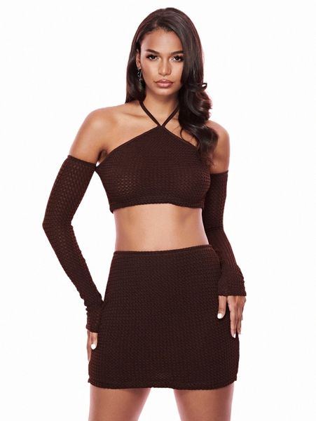 

two piece dress bae solid off shoulder halter crop & skirt set m7xh#, White