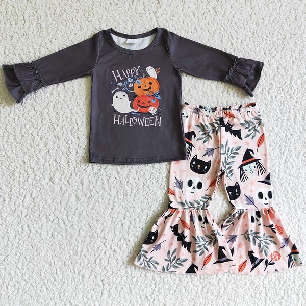 

wholesale baby girl clothes set happy halloween kids boutique outfit pumpkin print children clothes fashion fall girls bell bottom outfits, White
