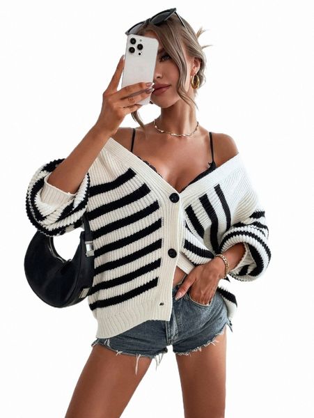 

women's sweaters striped pattern drop shoulder cardigan m8uu#, White;black