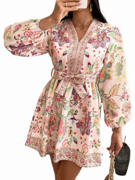 

casual dresses floral print bishop sleeve belted dress l2vy#, Black;gray