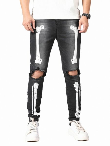 

men's jeans men skeleton print cut out skinny jeans c5zn#, Blue
